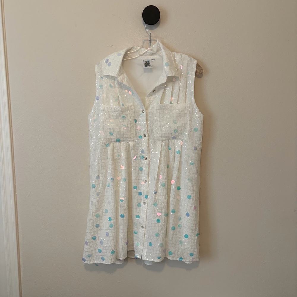 Queen of Sparkles White Checkered Sequin Shirt Dress Rhinestone Button L - Picture 8 of 14